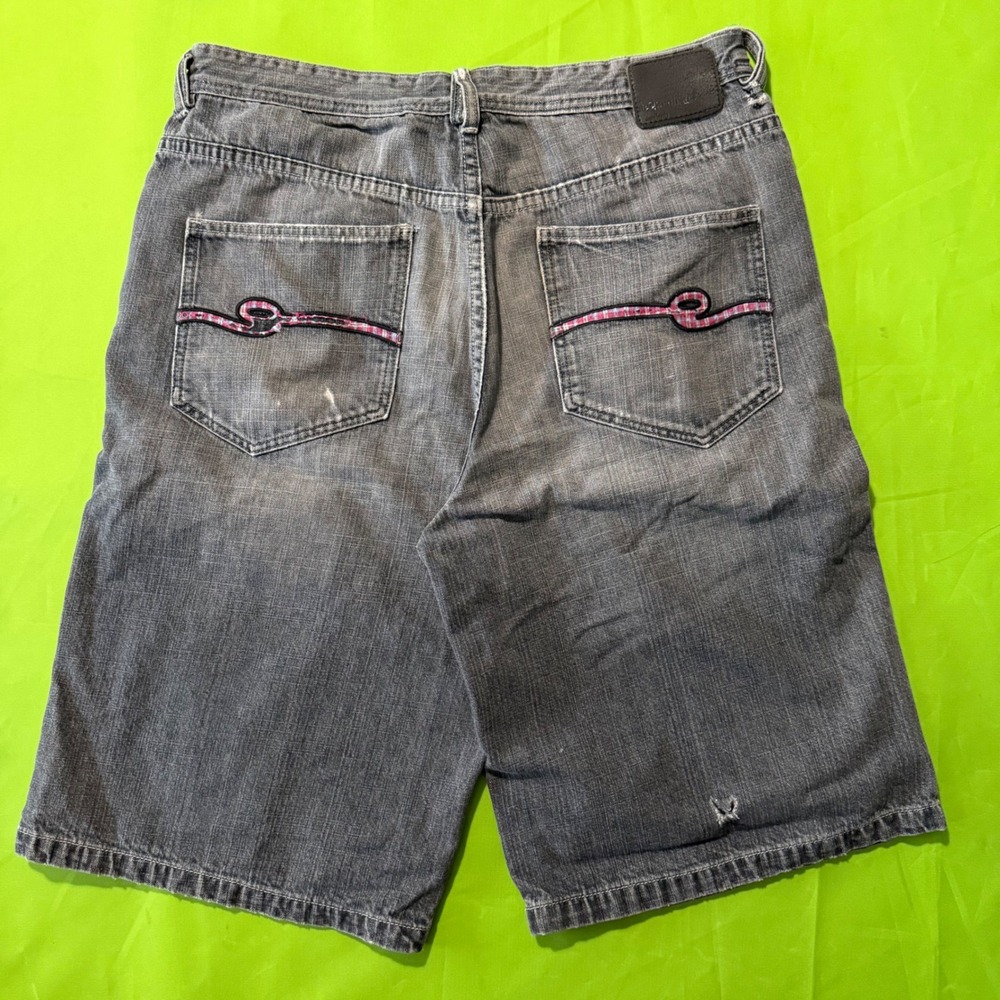 Ecko Unltd Mens Baggy Denim Shorts Black Plaid Trim Y2K Skater Size 34